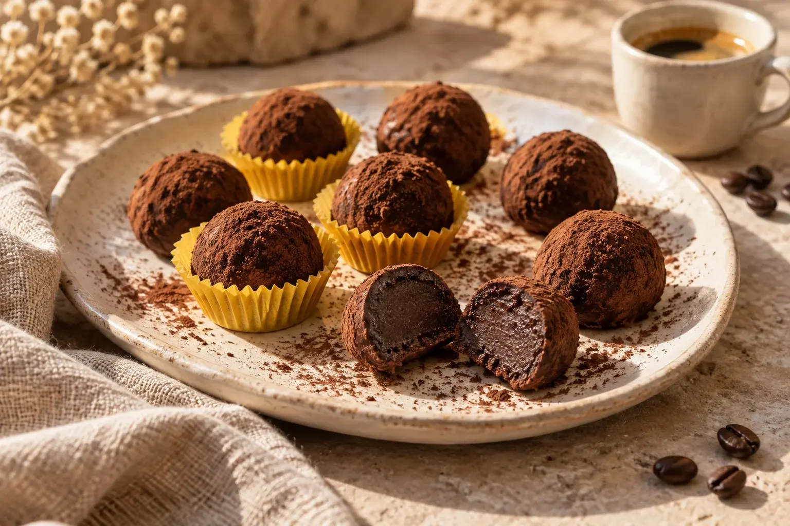 Composición ilustrativa de trufas de cacao y café en cápsulas amarillas, junto a un café