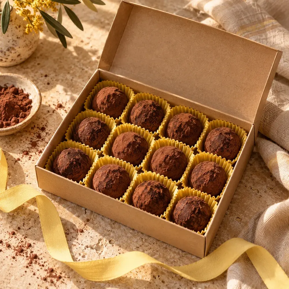 Presentación ilustrativa de una caja surtida de trufas en cápsulas amarillas